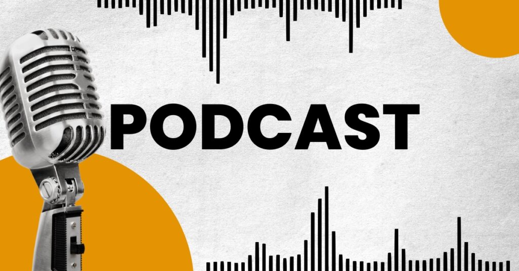 Podcast Überschrift und daneben ist ein Mikrofon abgebildet